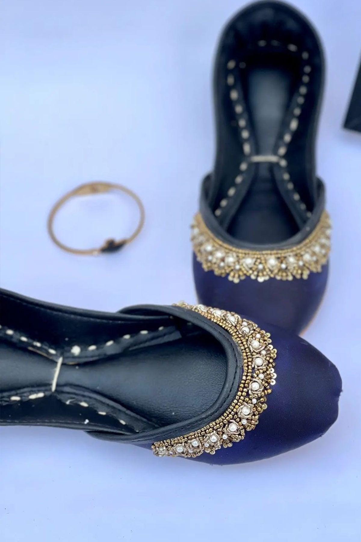 Handmade Sapphire Blue Silk Khussa Flats: Punjabi Mojari Shoes