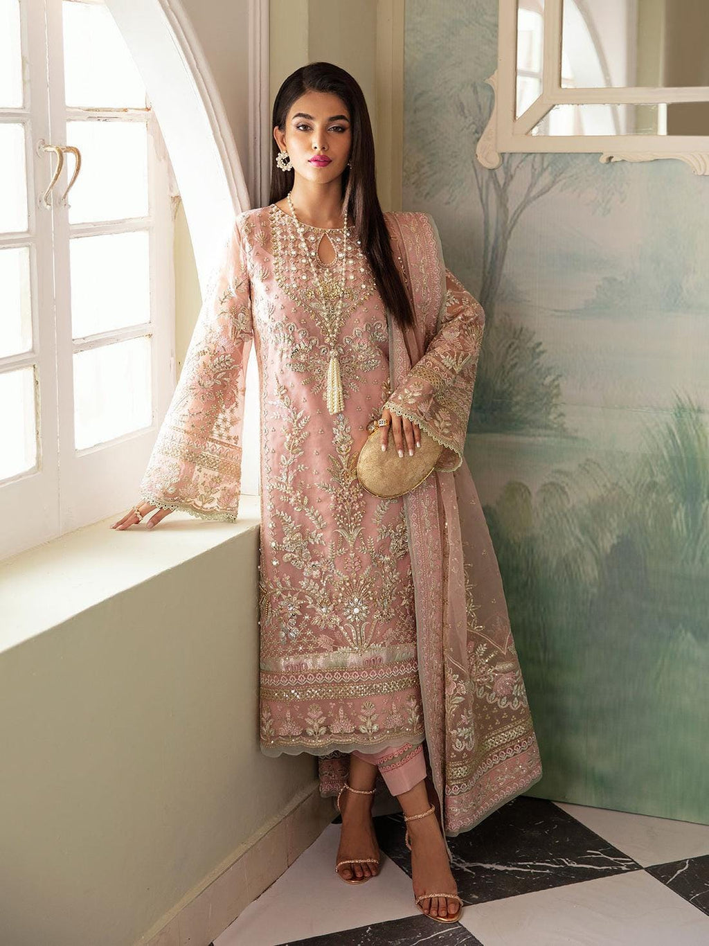 Blush Pink Embroidered Organza Pakistani Dress, Indian Wedding Guest Wear