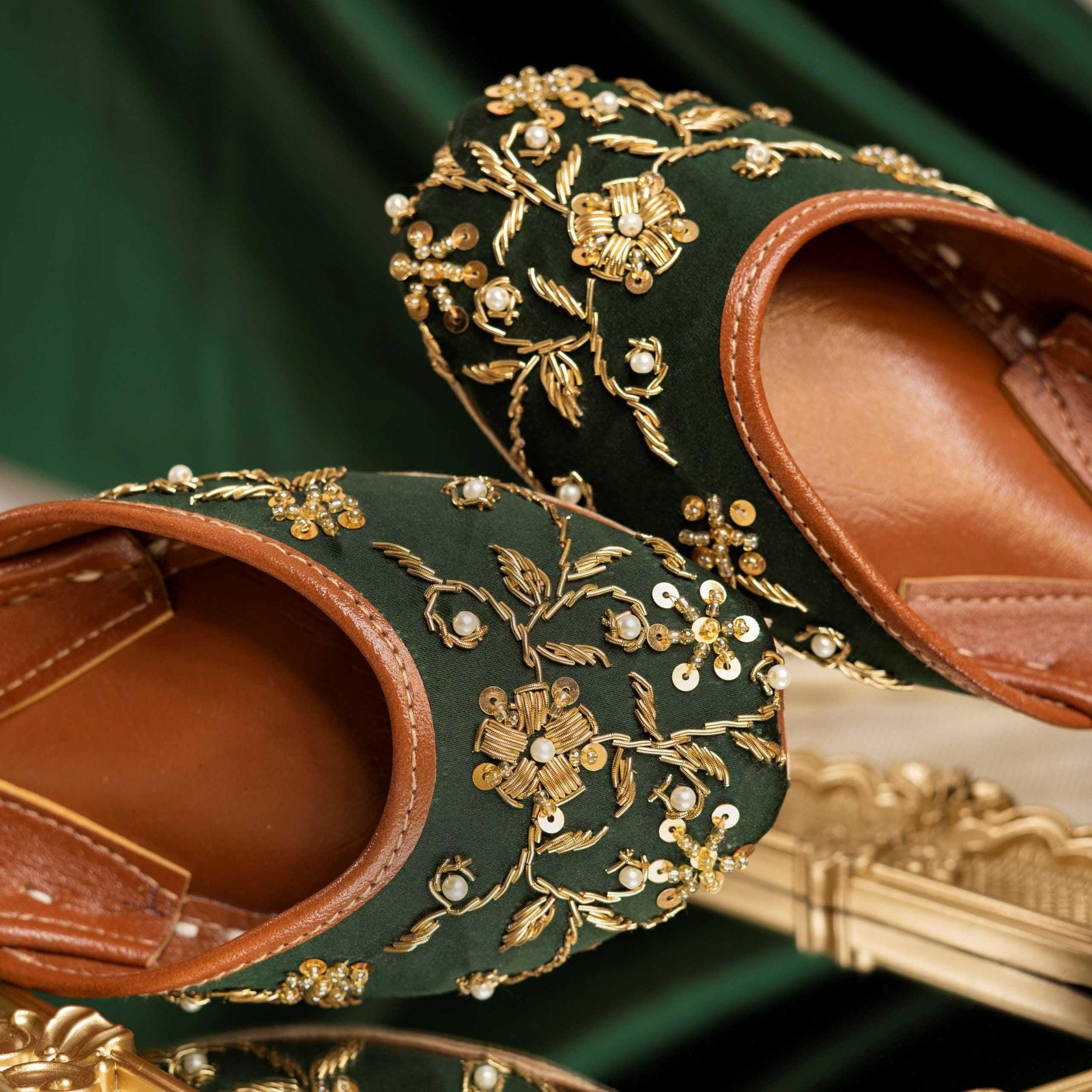 Emerald Green Beaded Jutti: Handmade Punjabi Wedding Flats