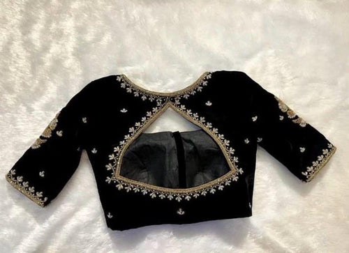 Black Velvet Sari Blouse, Hand Embroidered Zardosi