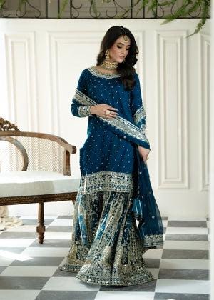 Blue Chiffon Gharara Dress, Indian Wedding Outfit, Zari Embroidery