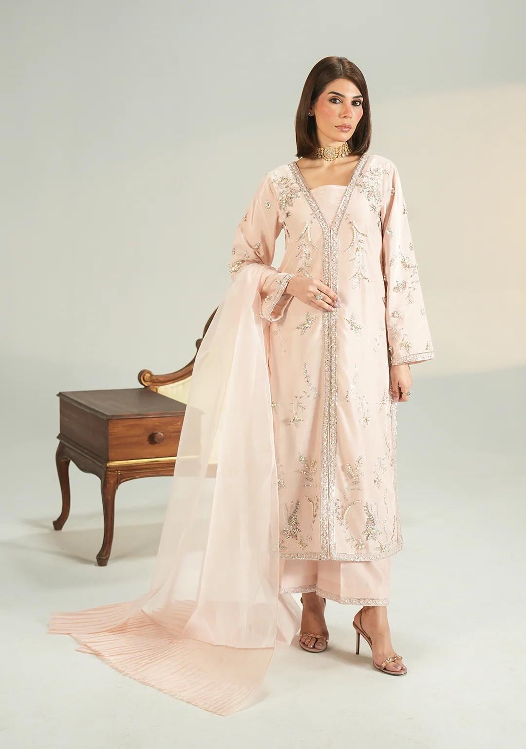 Powder Pink Silk 3pc facy Suit: Embroidered with handwork Pakistani Wedding and eid Outfit