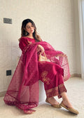 Embroidered Magenta haze Kattan Silk Suit Culottes  and organza Dupatta