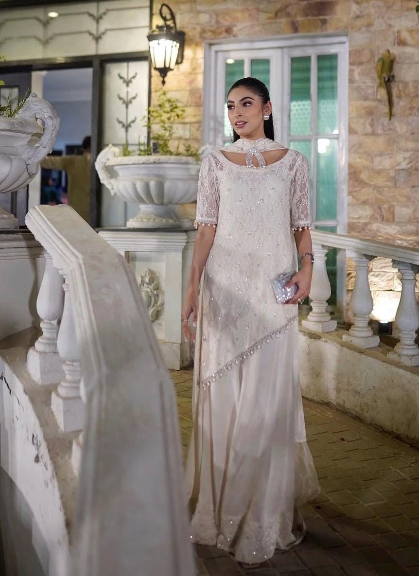 White Lace Kameez Set: Pakistani Mirrorwork Outfit, Butter Net Silk