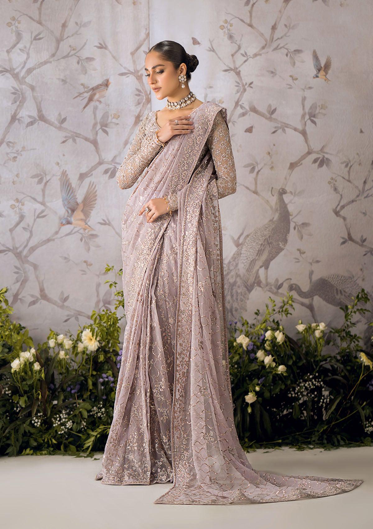 Lilac Chiffon Saree: Silver Tilla Thread, Sequins Embroidery