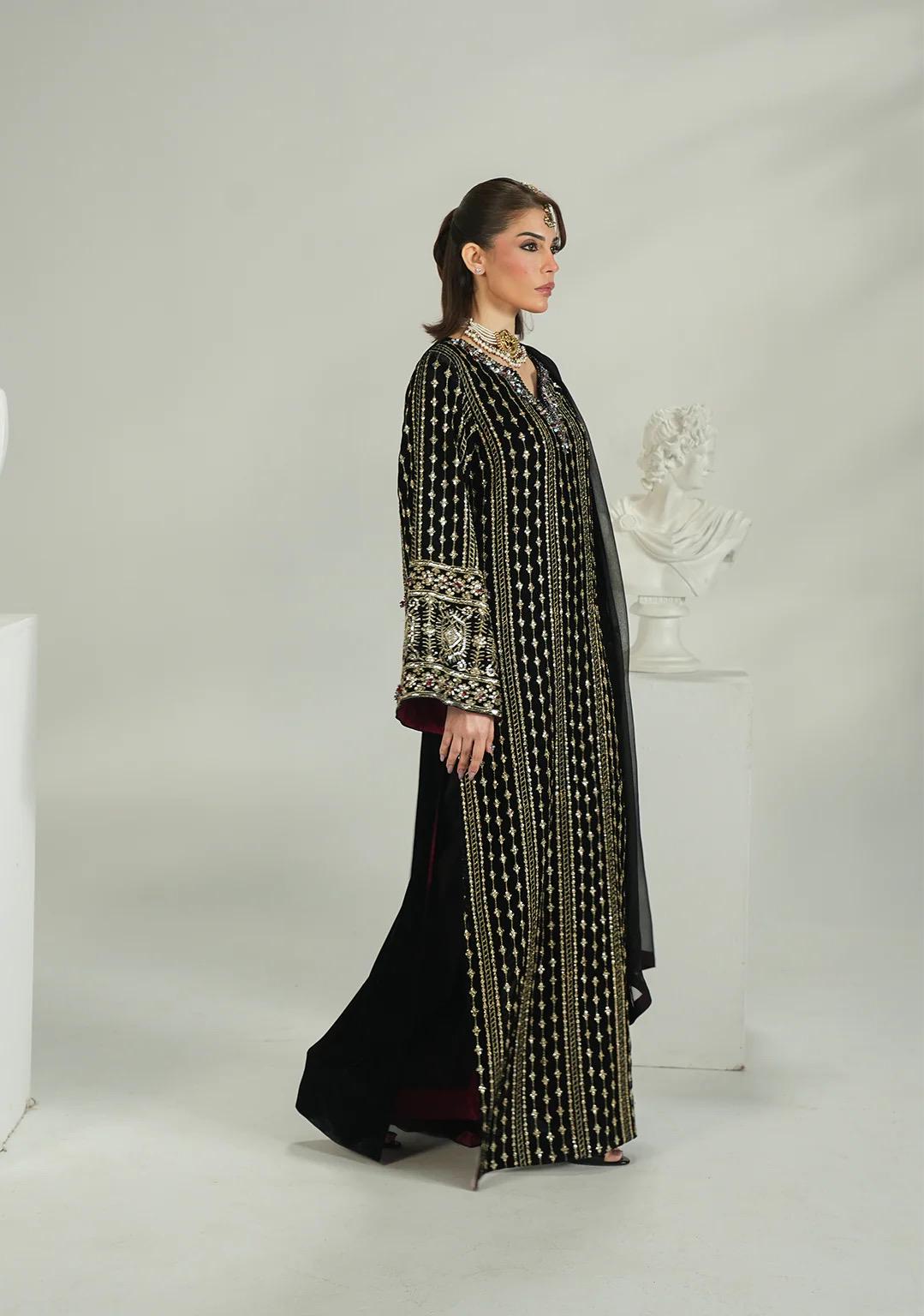 black velvet long dress with chiffon duppata: receptionwear black indian suit