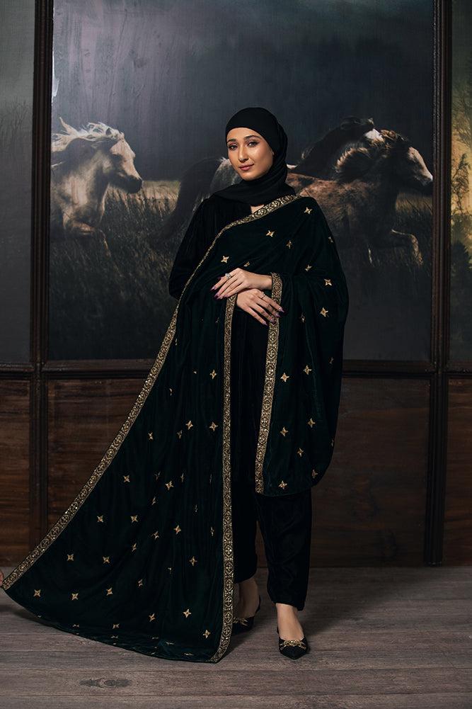 green twinkle  Velvet Bridal Shawl, Kashmiri Style