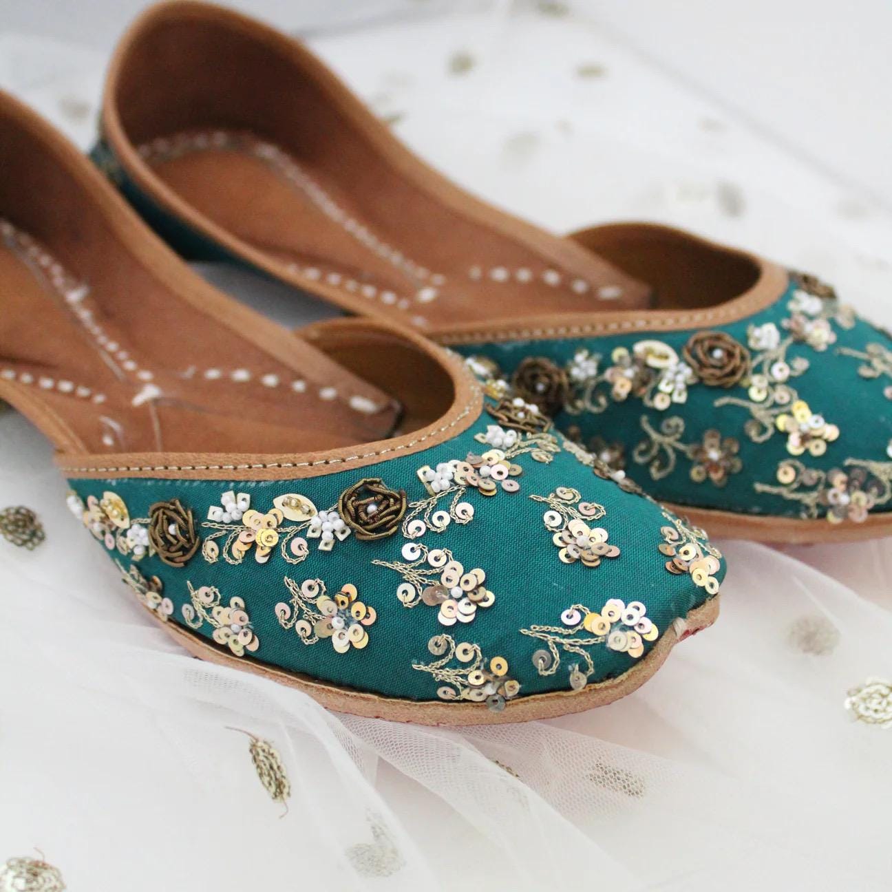 Floral Green Silk Khussa Flats, Handmade Punjabi Mojari Jutti