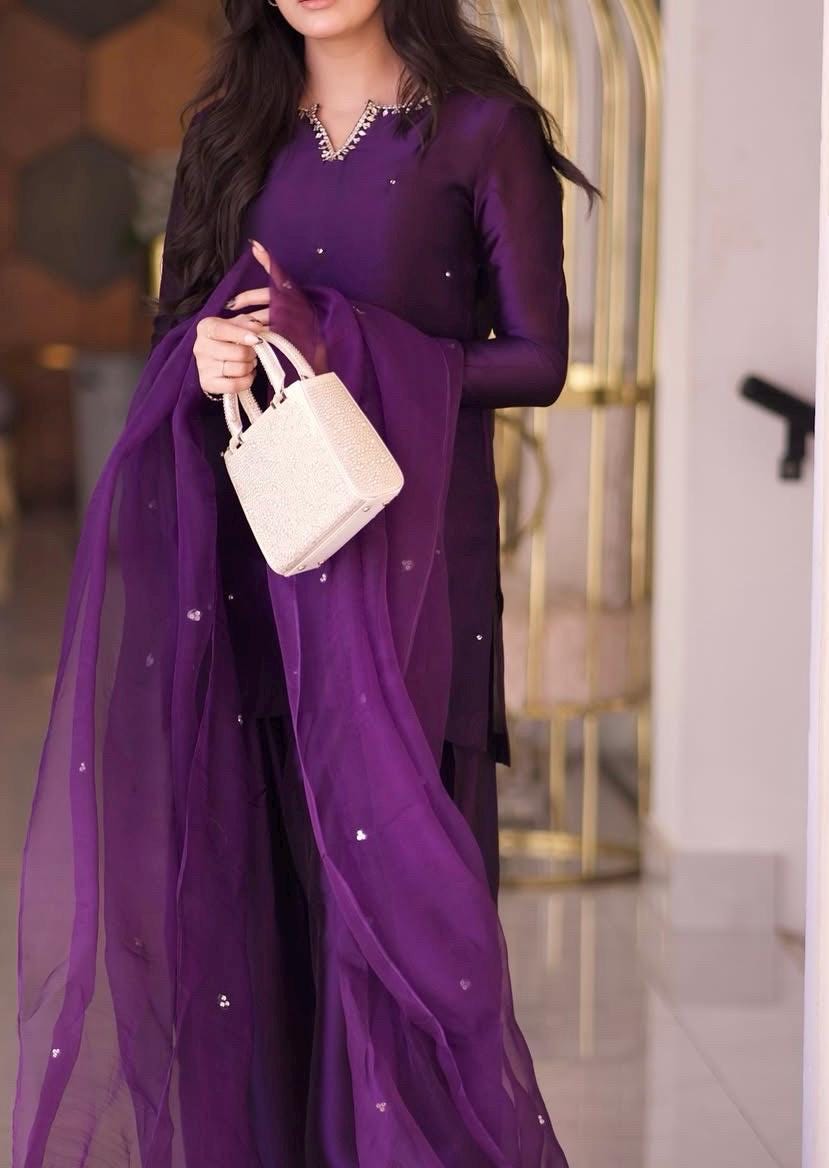 Purple Silk Farshi Shalwar Kameez: Sequins Indian Wedding Outfit