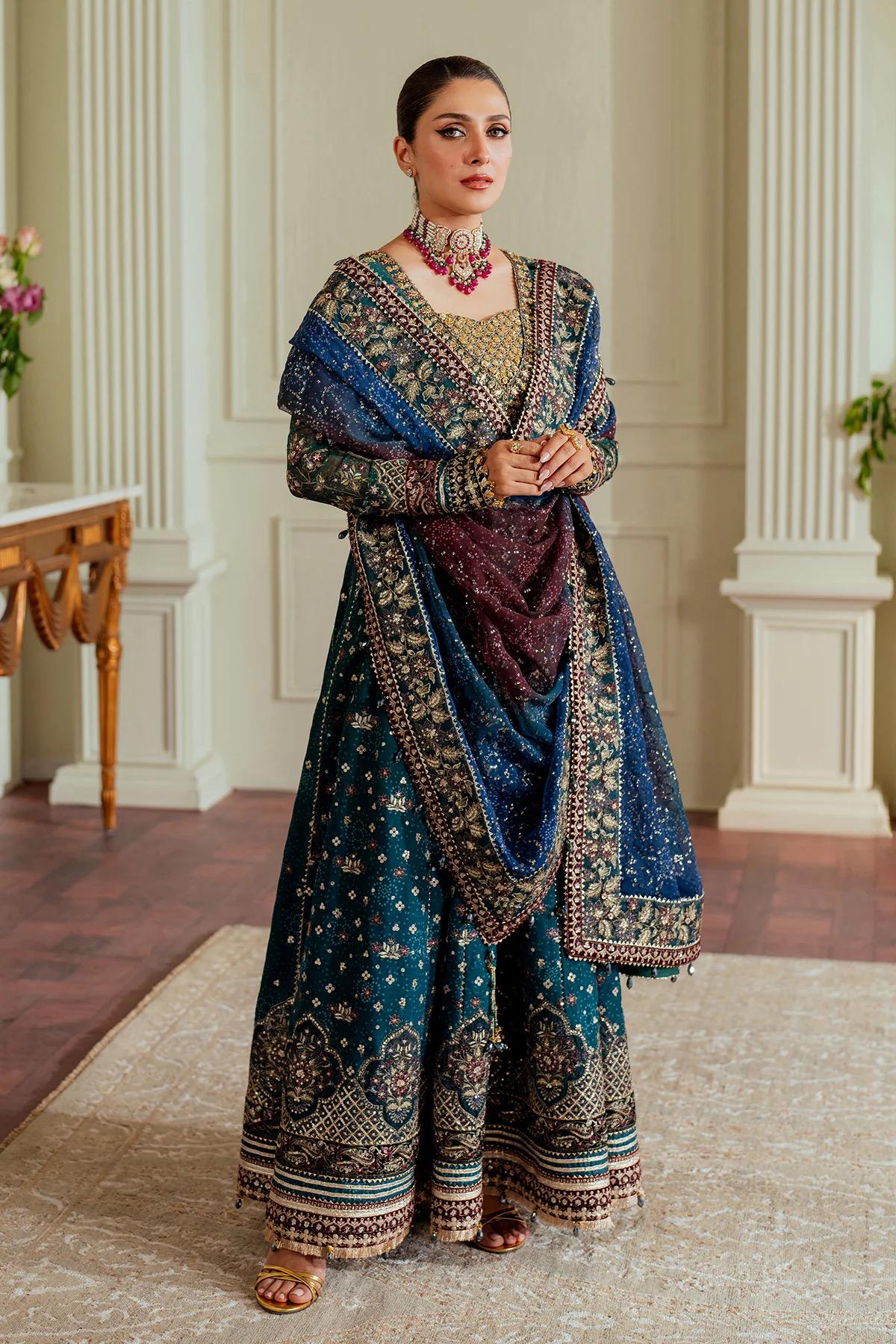 Blue Chiffon Pakistani Gown | Embroidered Dupatta, Silk Trouser