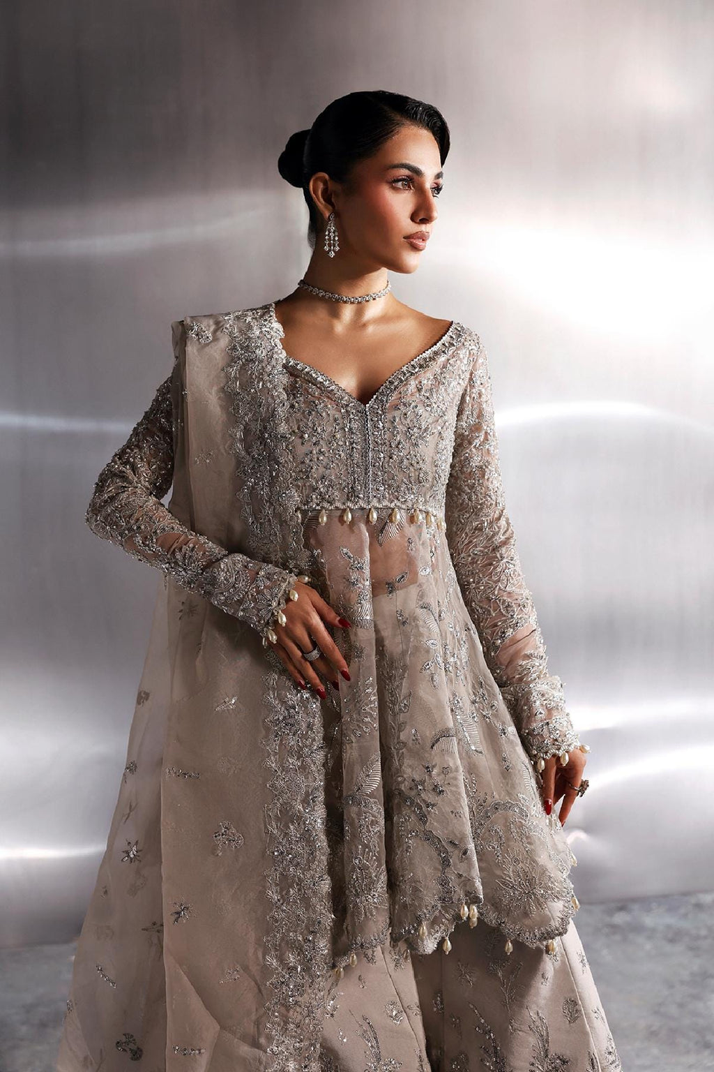 Designer Grey Organza Pakistani Suit, kamdani Sequence Work, Eid Outfit