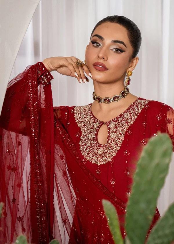 Maroon Embroidered Net Maxi Dress | Pakistani Gown, Formal Wear
