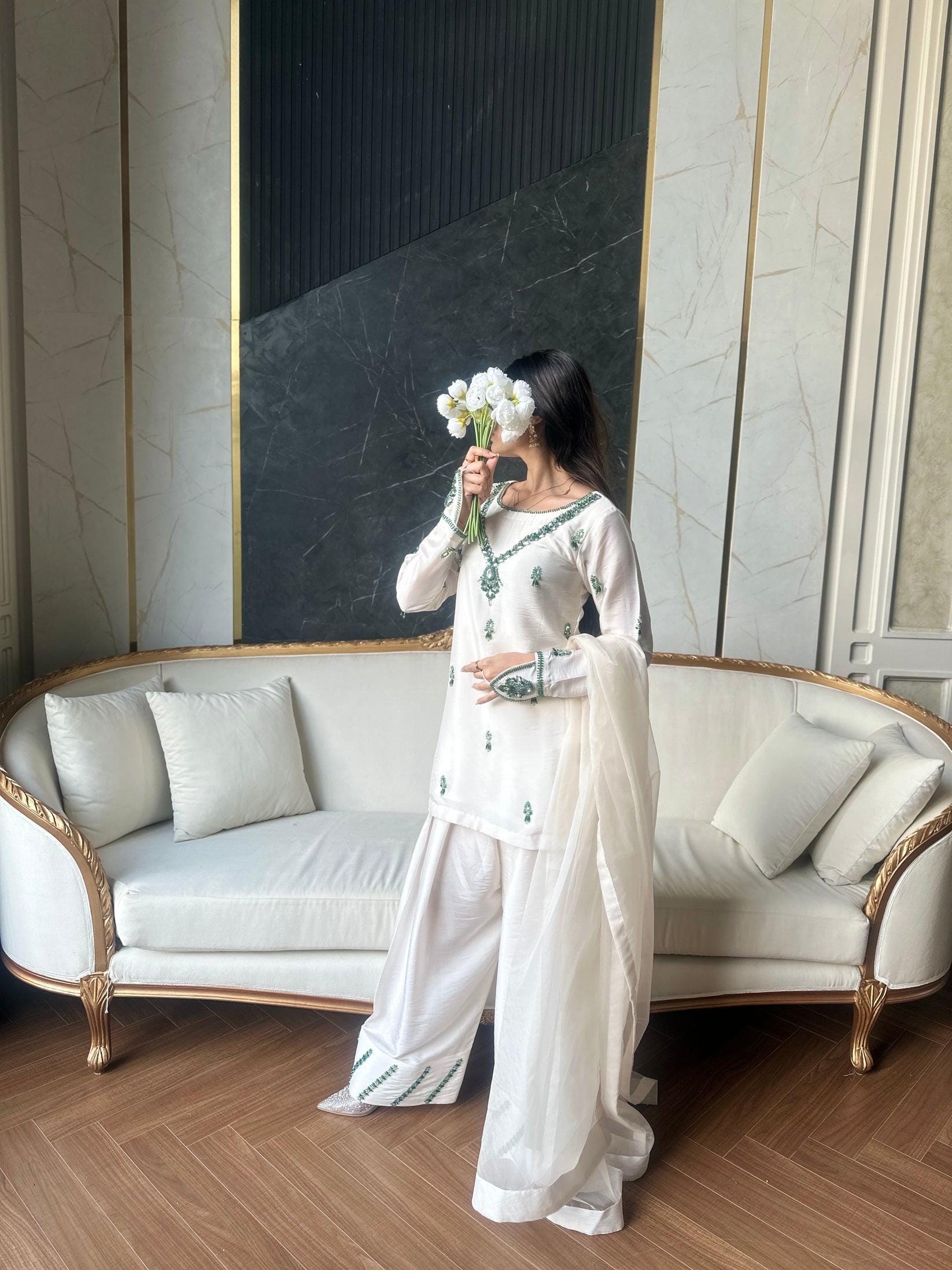 Embroidered White Silk Farshi Shalwar Kameez: Pakistani Party Suit