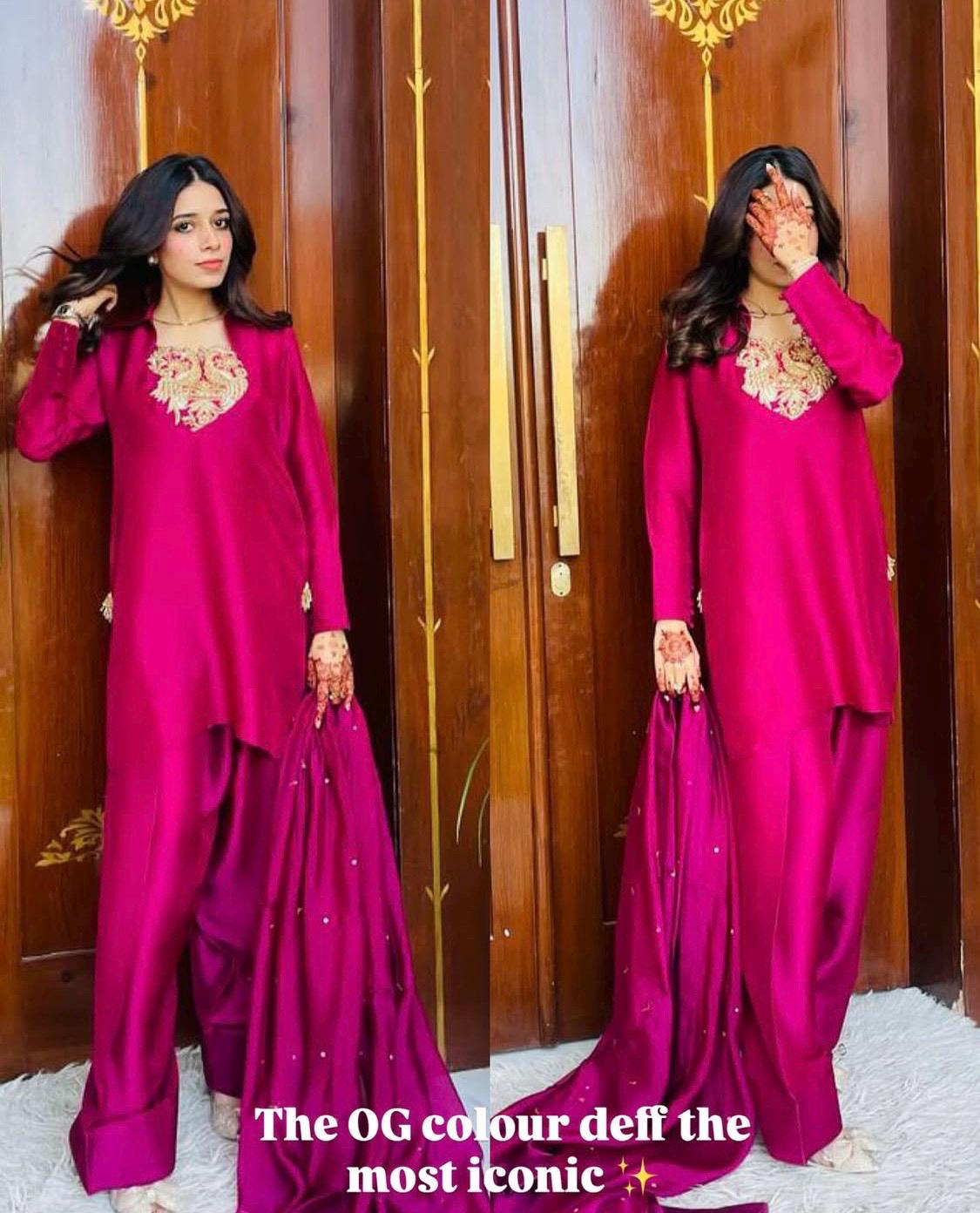 Embroidered Buttersilk Shalwar Qamiz: Magenta Indian Pakistani Outfit