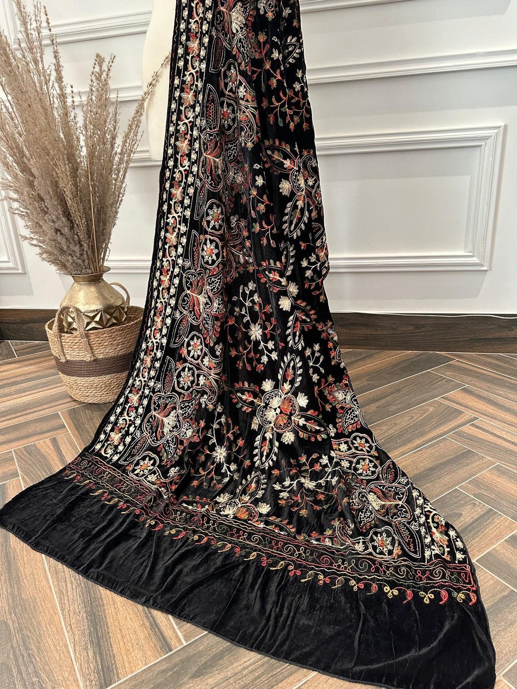 Black Velvet Kashmiri Shawl: Bridal Hand Embroidered Shawl