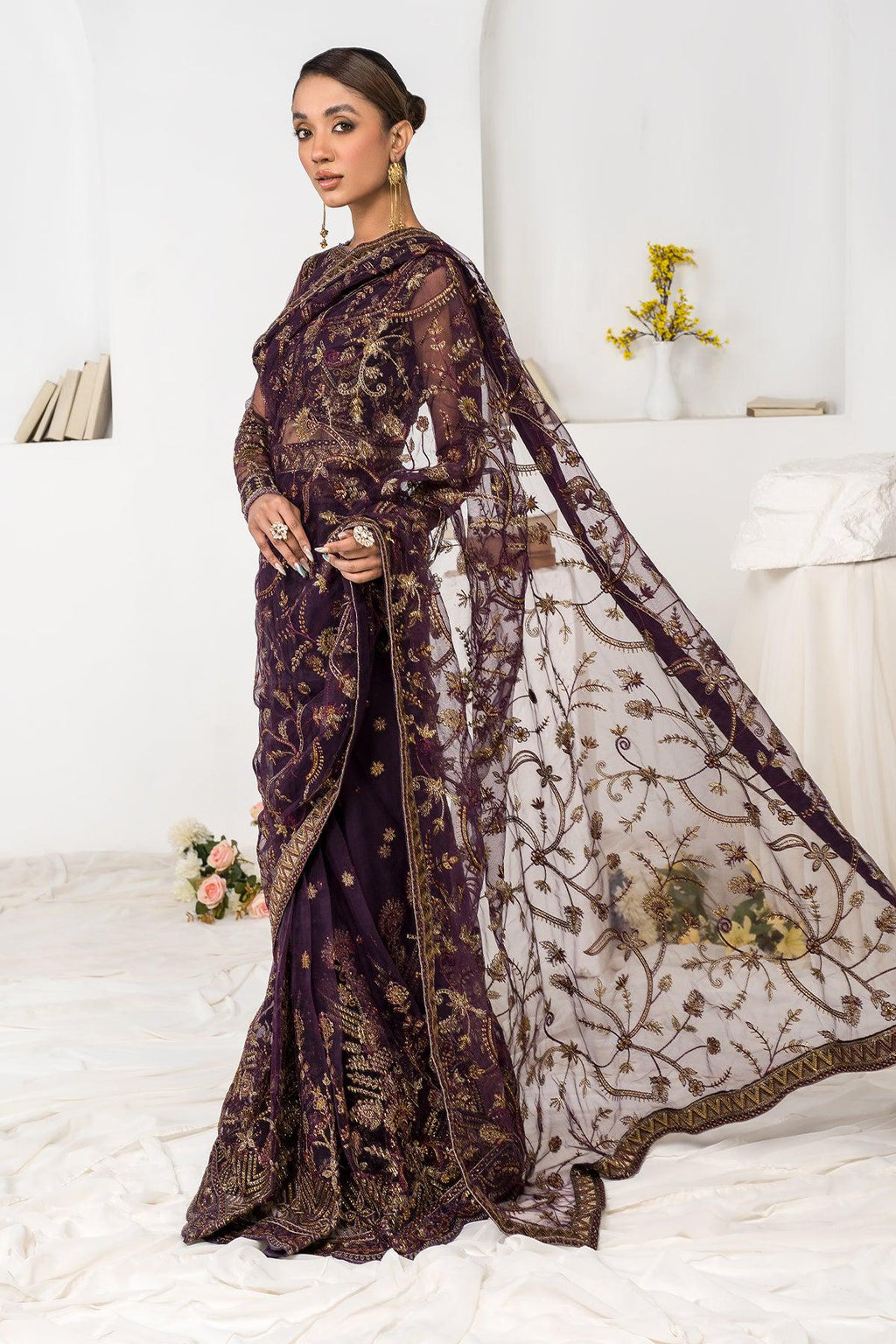 Plum indian fancy lace net Sequin Embroidered Saree with Blouse