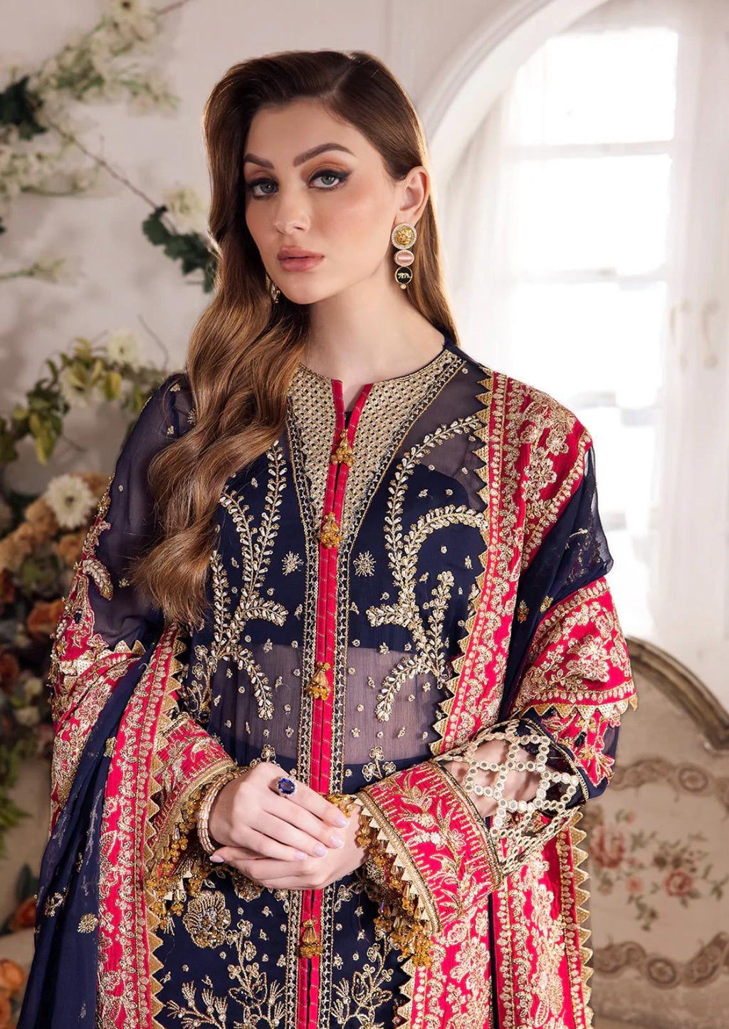 Blue Pakistani Bridal Guest Suit: Embroidered Chiffon 3pc Dress