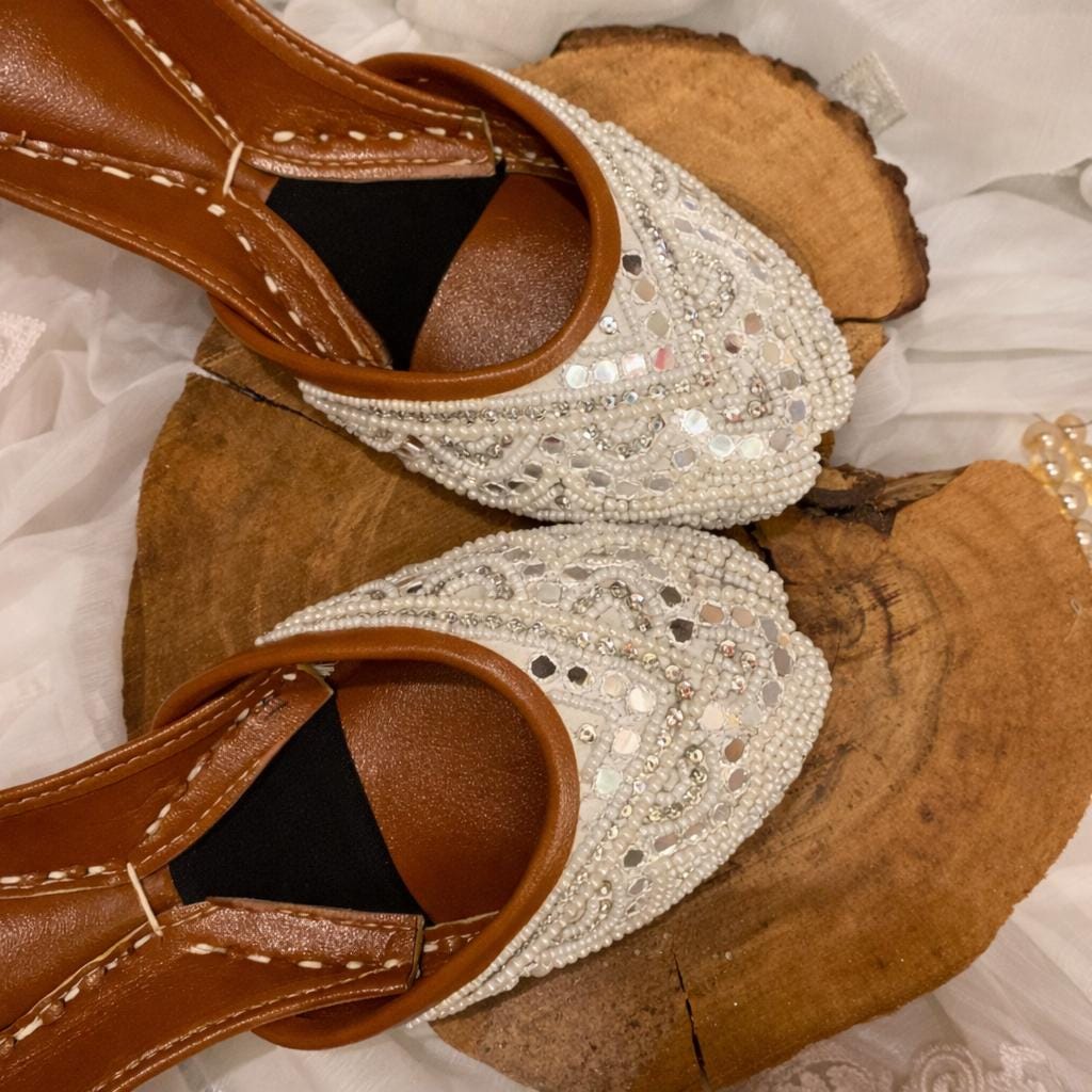 Handmade Beaded Bridal Jutti Flats, White Pearl Wedding Shoes