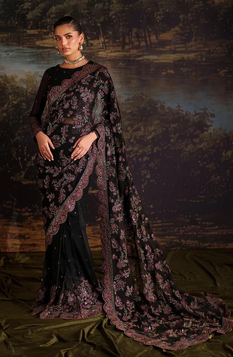 Black Sequins Embroidered Saree: Indian Party Wear, Matching Blouse