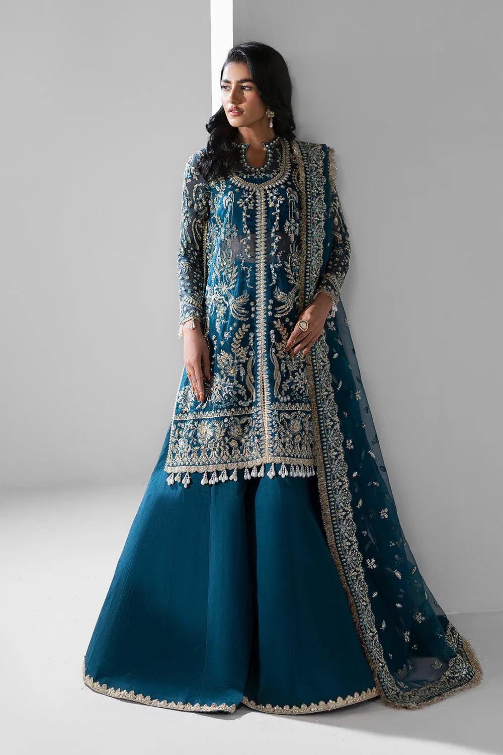 Teal Embroidered Organza Pakistani Suit: Pearl Kamdani Sharara