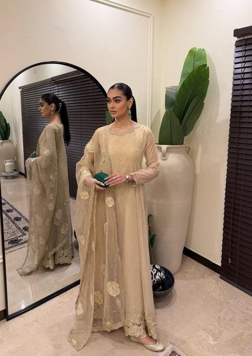Beige Embroidered Pakistani Maxi Suit, Organza Dupatta, Silk Trouser