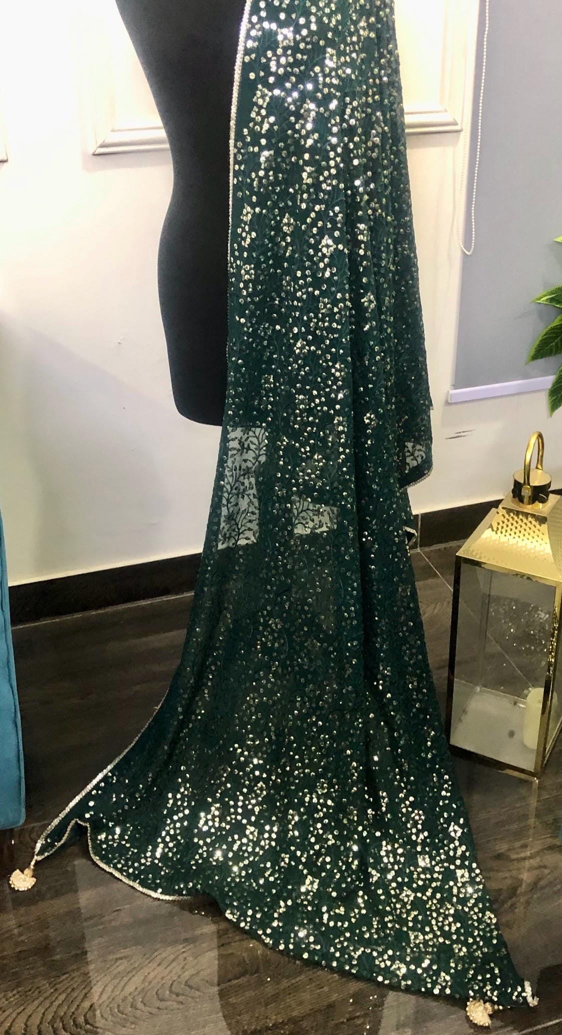 Green Sequin Dupatta: Chiffon Shawl, Embroidered Bridal Mayun
