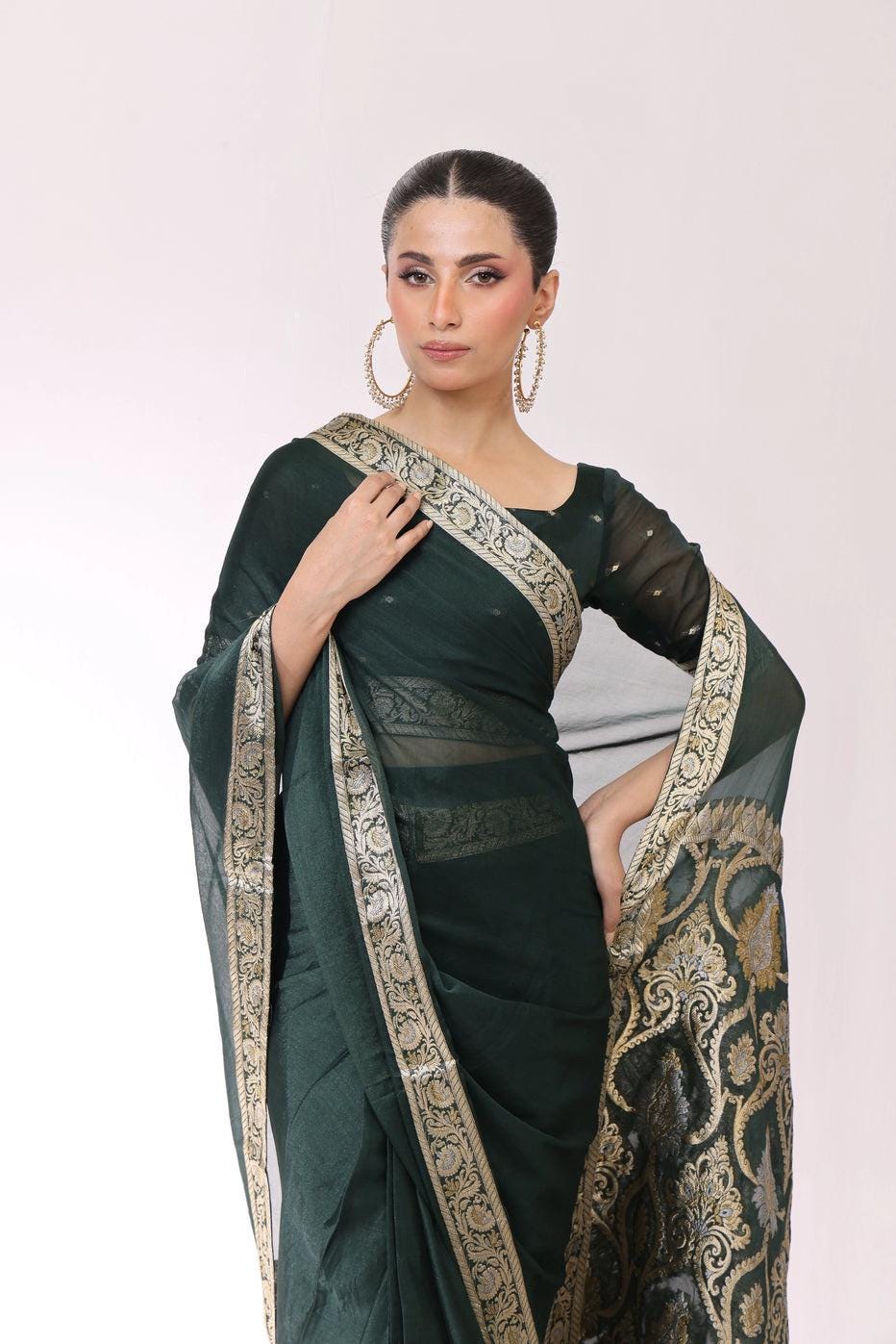 Emerald Green Banarasi Chiffon Saree, Indian Wedding Wear