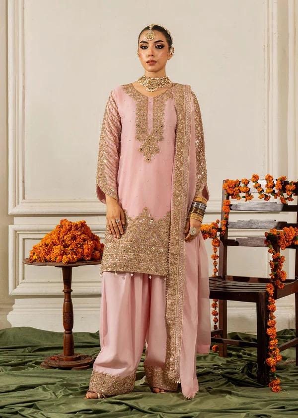 Blush Pink Kamdani Punjabi Suit: 3-Piece Chiffon Pakistani Wedding Outfit
