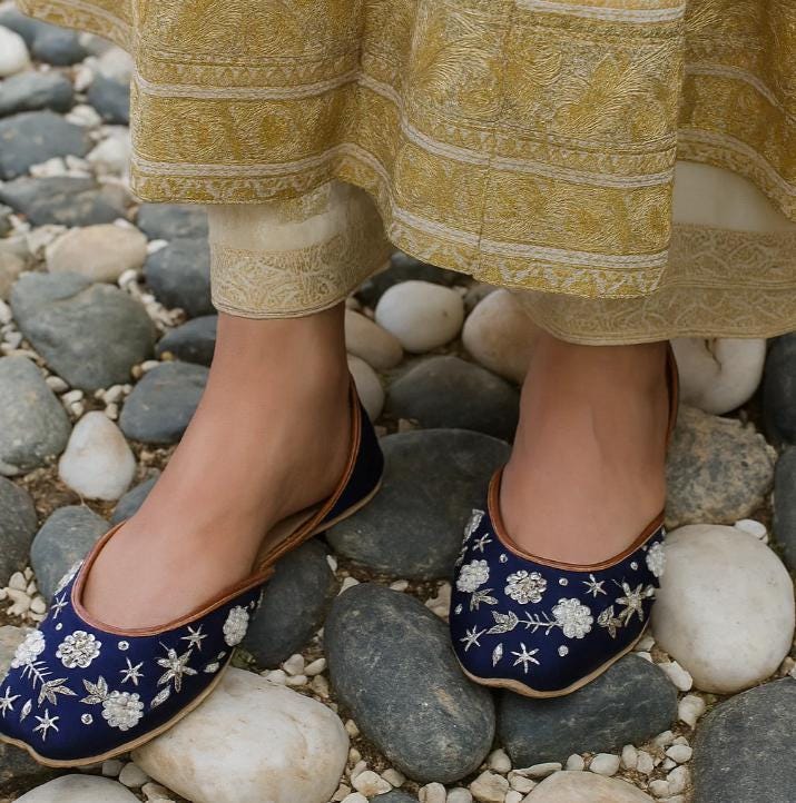 Blue Floral Embroidered Jutti | Satin Punjabi Ballet Flats