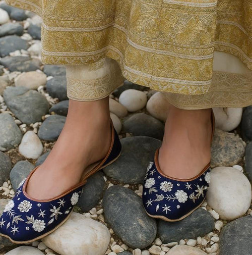 Blue Floral Embroidered Jutti | Satin Punjabi Ballet Flats