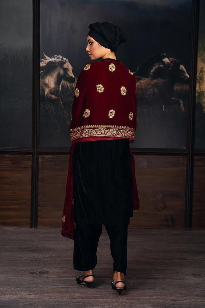 Zari Maroon Velvet Bridal Shawl, Kashmiri Style