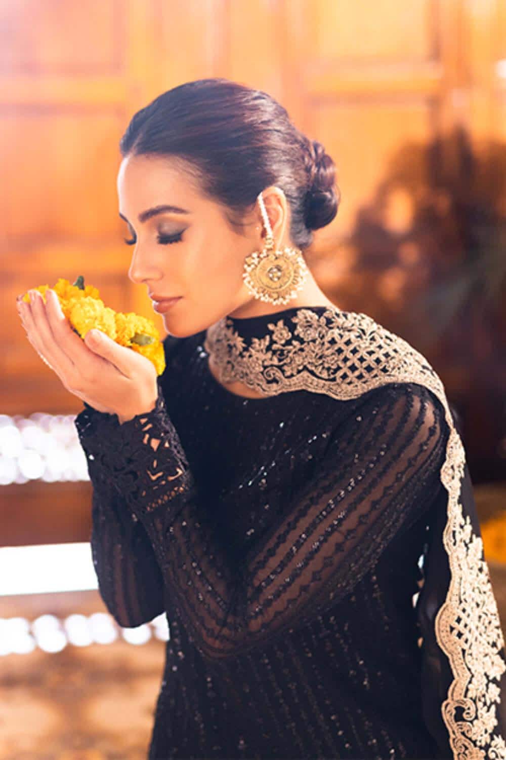 Black Chiffon Pakistani Suit: Embroidered Net Frock, Silk Trousers