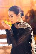 Black Chiffon Pakistani Suit: Embroidered Net Frock, Silk Trousers