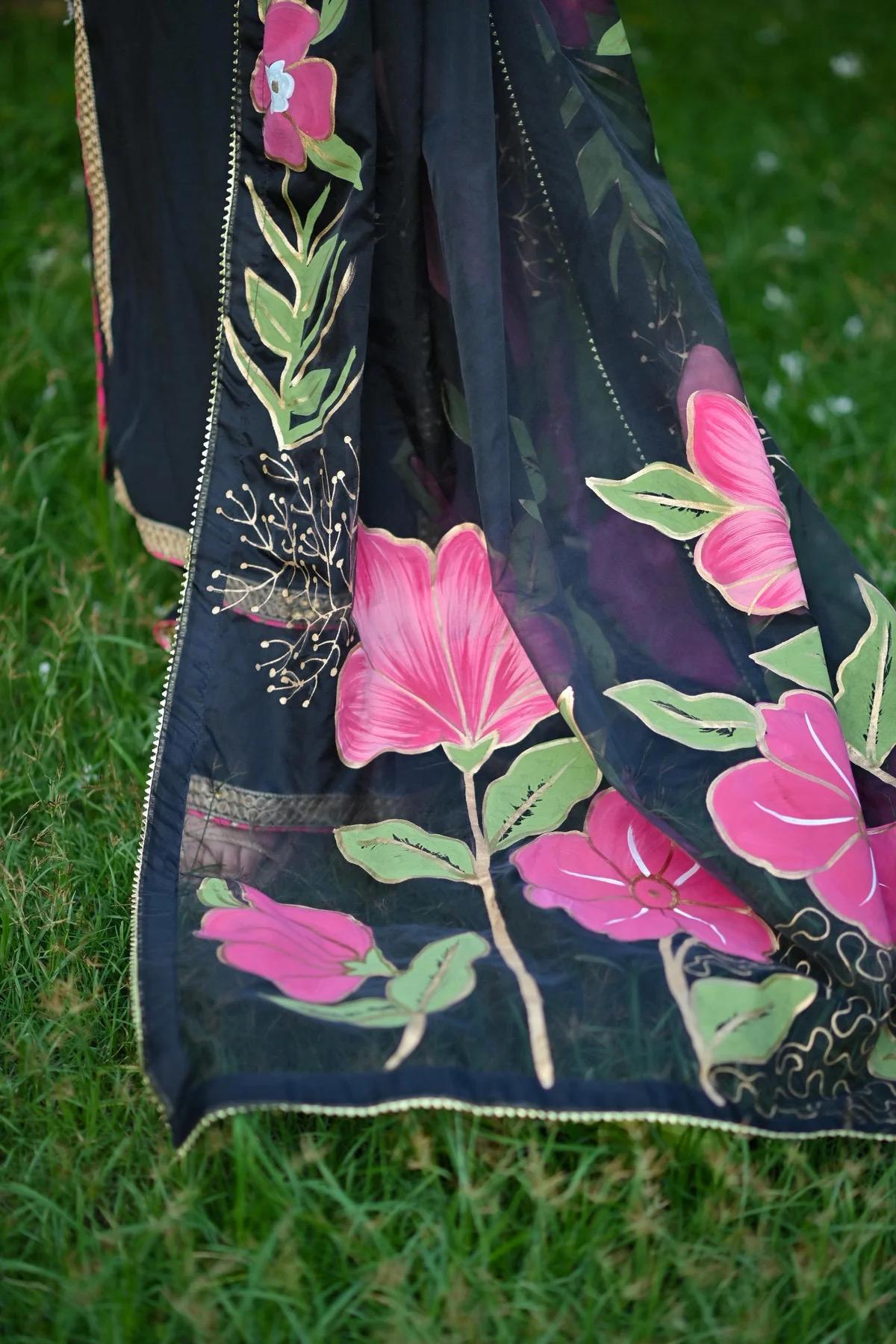 Hand-Painted Korean Silk Suit: Embroidered Organza Dupatta, Pakistani Party Wear