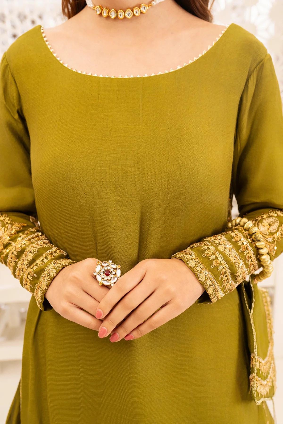 Embroidered Silk Pakistani Dress: Olive Green Lehenga, Chiffon Dupatta