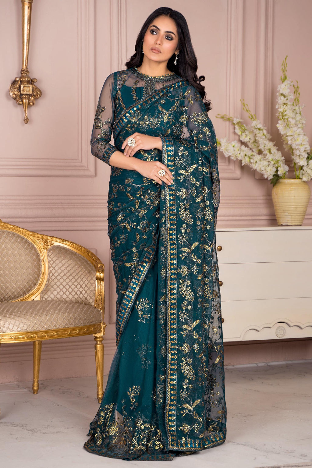 Teal green net Sequin Embroidered Saree with Blouse
