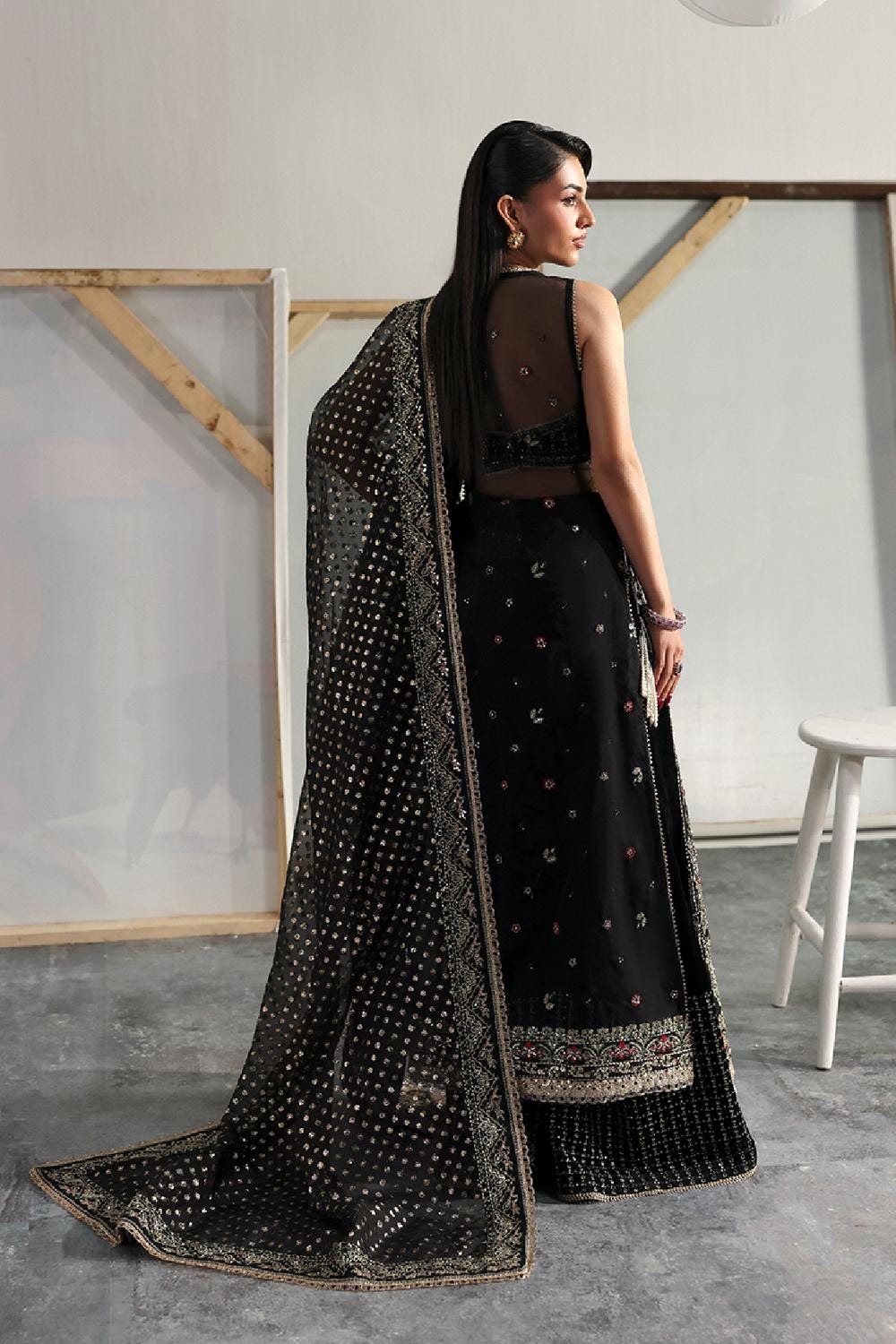 Embroidered Black Organza Pakistani Dress, Velvet Trouser 3pc Suit