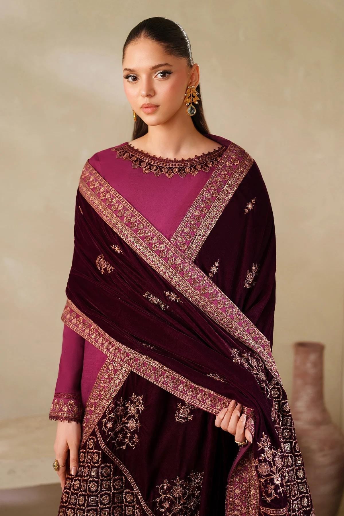 Maroon Velvet Shawl, Sequins Embroidered, Bridal Gift