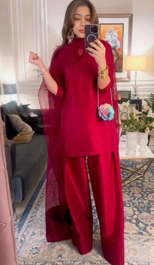 Raw Silk Farshi Shalwar Suit: 3-Piece Indian Dress