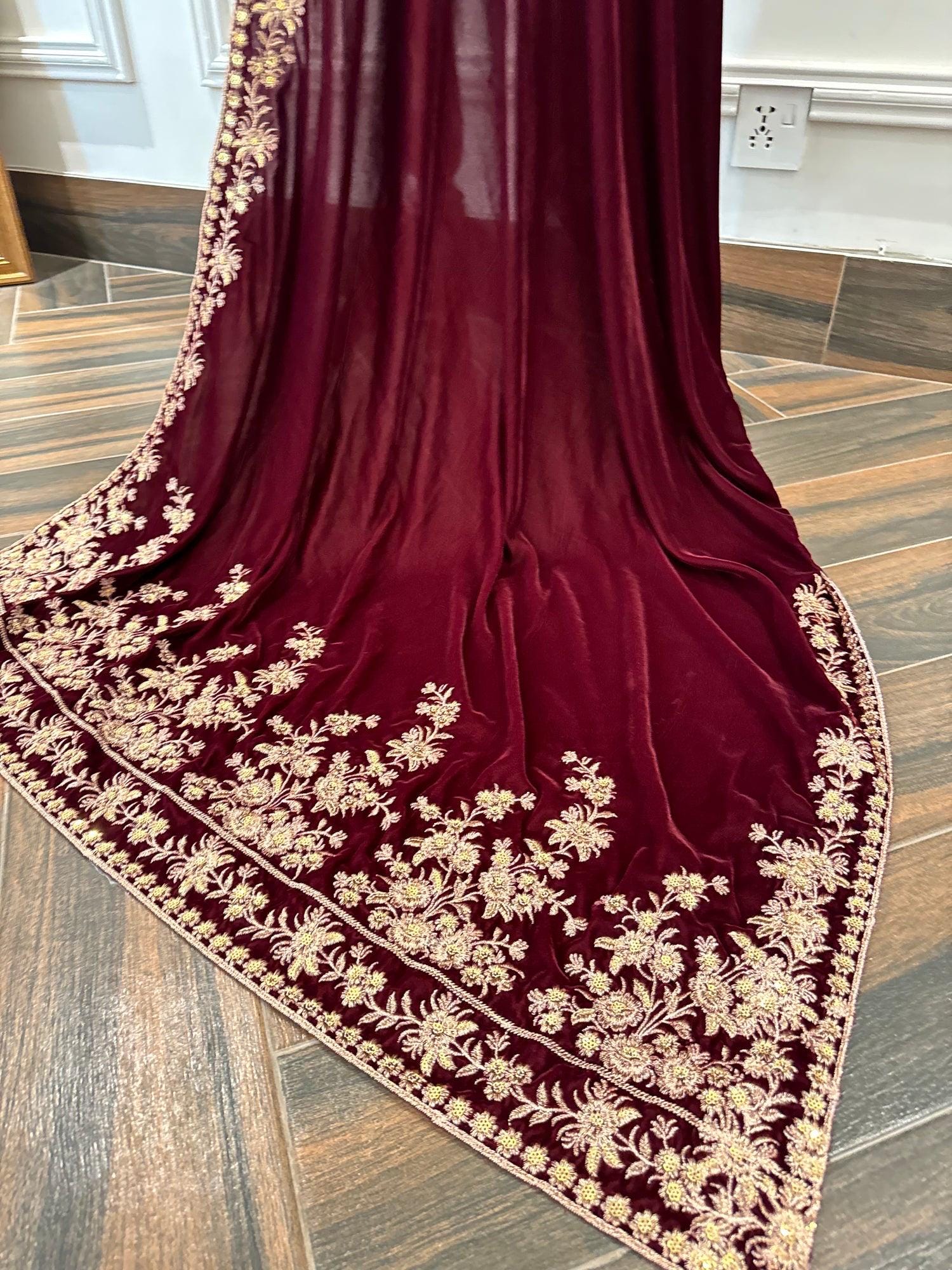 Maroon Velvet Indian Bridal Shawl | Tila Embroidered Tree Design