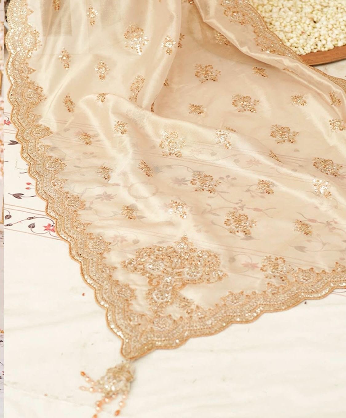 Gold Tissue Bridal Dupatta: Pakistani Nikkah Shawl with Sequin Embroidery