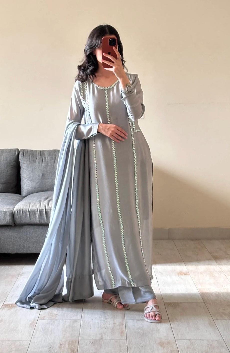 Grey Mirrorwork Silk Kameez Shalwar, Pakistani 3-Piece Outfit,Embellished Modest Fashion for Parties