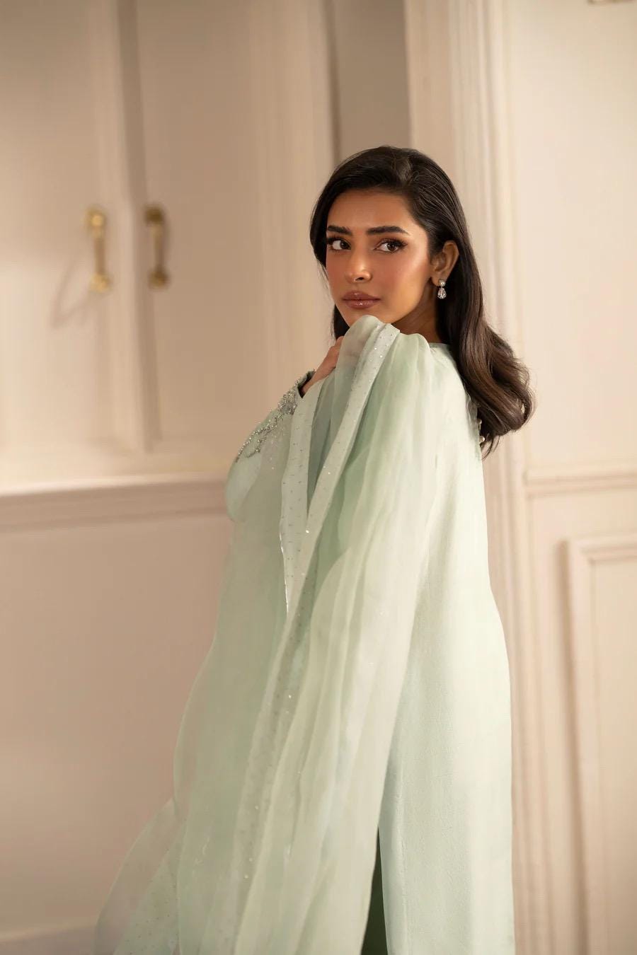 Mint Silk Kameez Shalwar, Pakistani Outfit, 3pc Dress