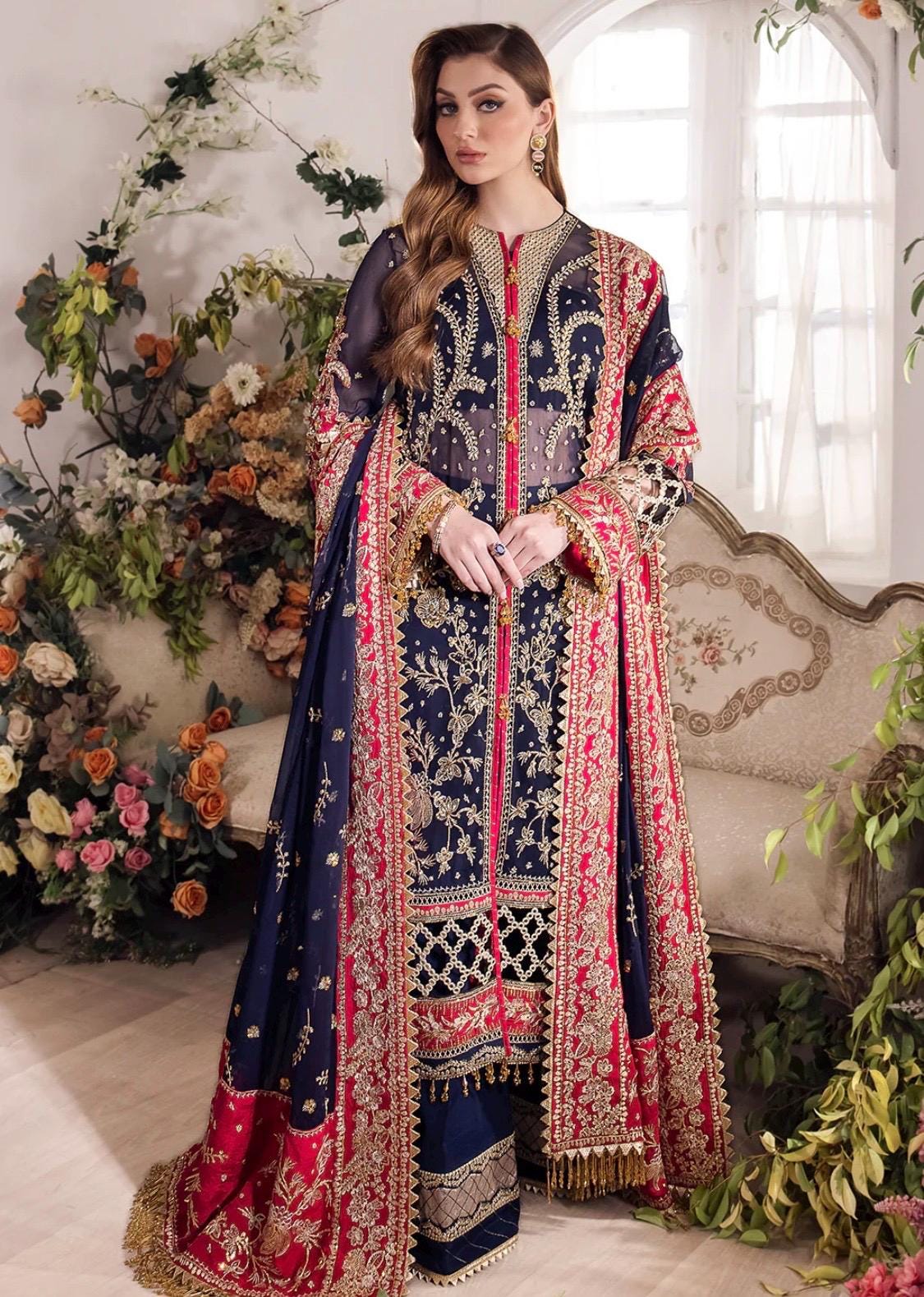 Blue Pakistani Bridal Guest Suit: Embroidered Chiffon 3pc Dress