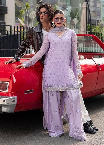Embroidered Chiffon Farshi Shalwar Kameez, Lilac Indian Wedding Suit
