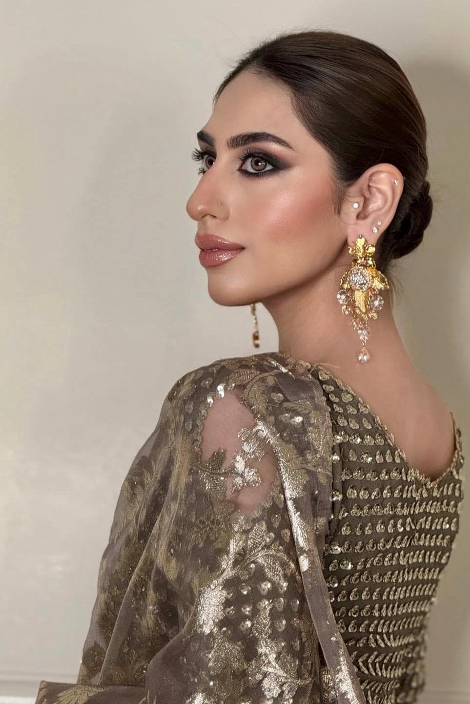 Indian Wedding Saree, Brown & Gold Sequins Embroidered Net Saree