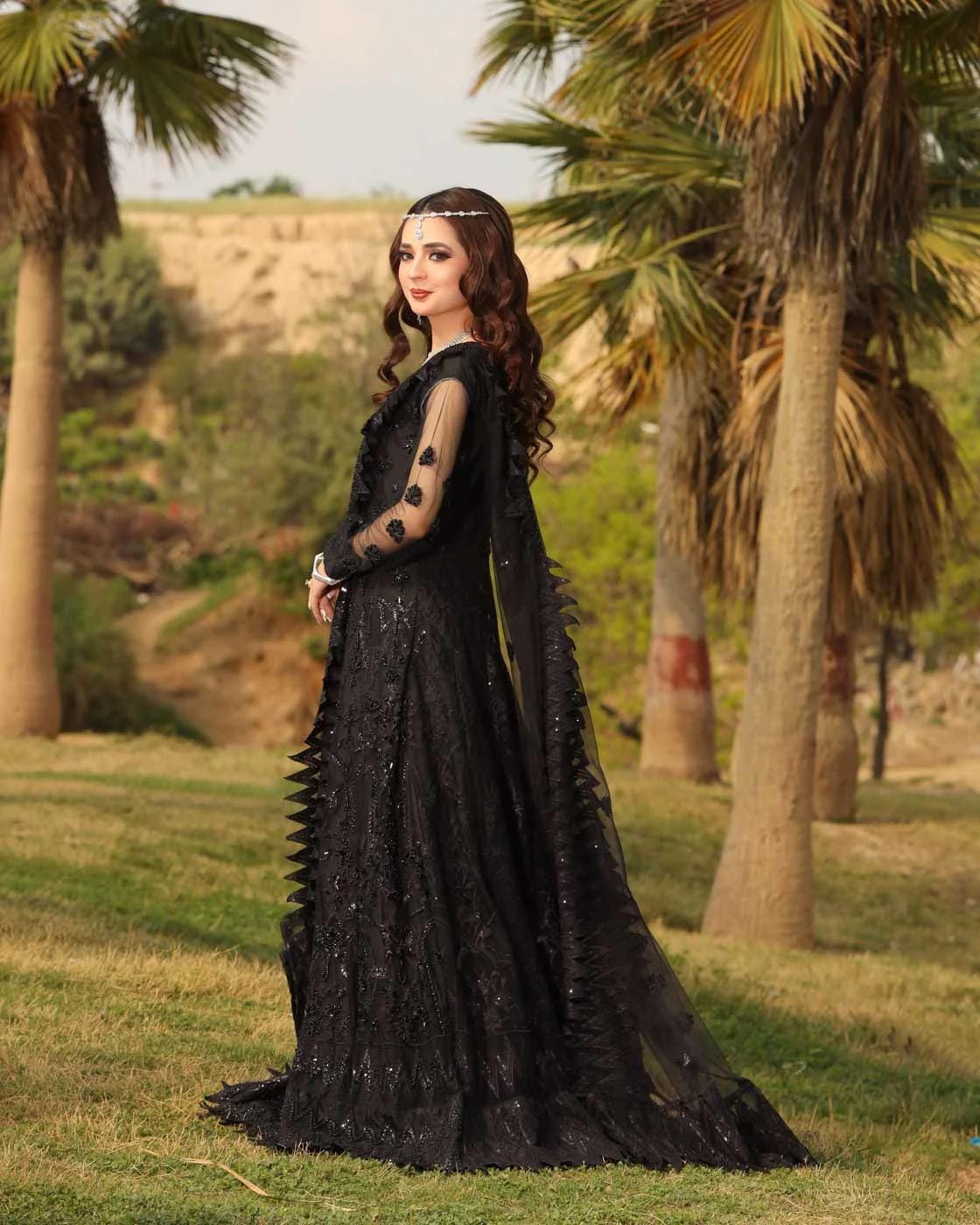 Black Embroidered Net Maxi Gown: Pakistani Wedding Reception Dress