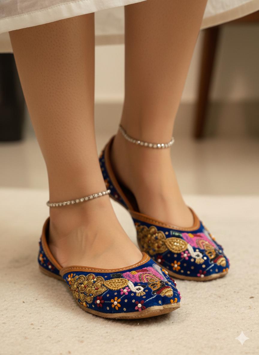 Handmade Muglai Blue Velvet Jutti Flats, Indian Wedding Shoes