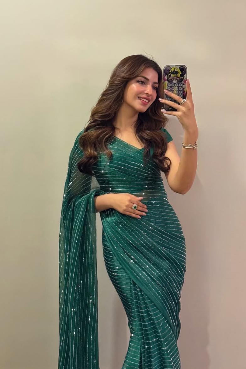 Sequins Embroidered Saree: Midnight Sky Lava Silk Indian Party Wear