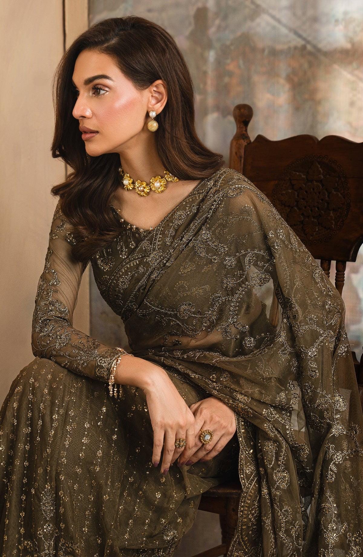 mehndi color Sequin Embroidered lacy Saree, Designer Indian Sari with blouse